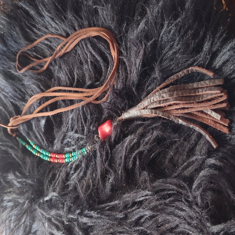 Boho Brown Leather Tassel Necklace with Green & Red Beads